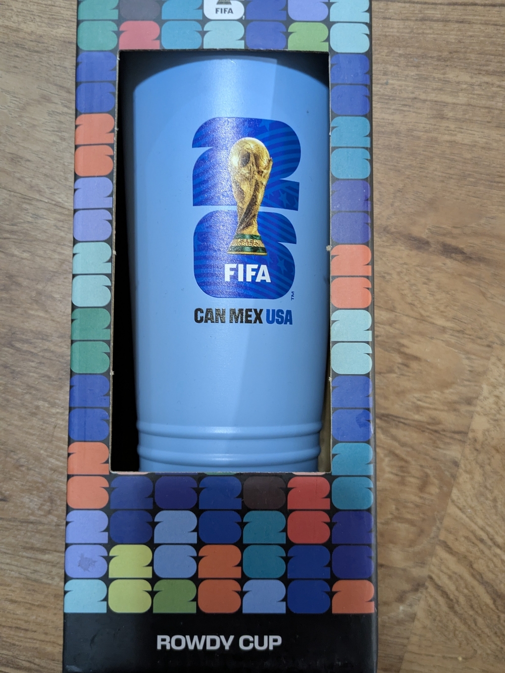 FIFA World Cup Light Blue Travel Tumbler with Gold Trophy Graphic